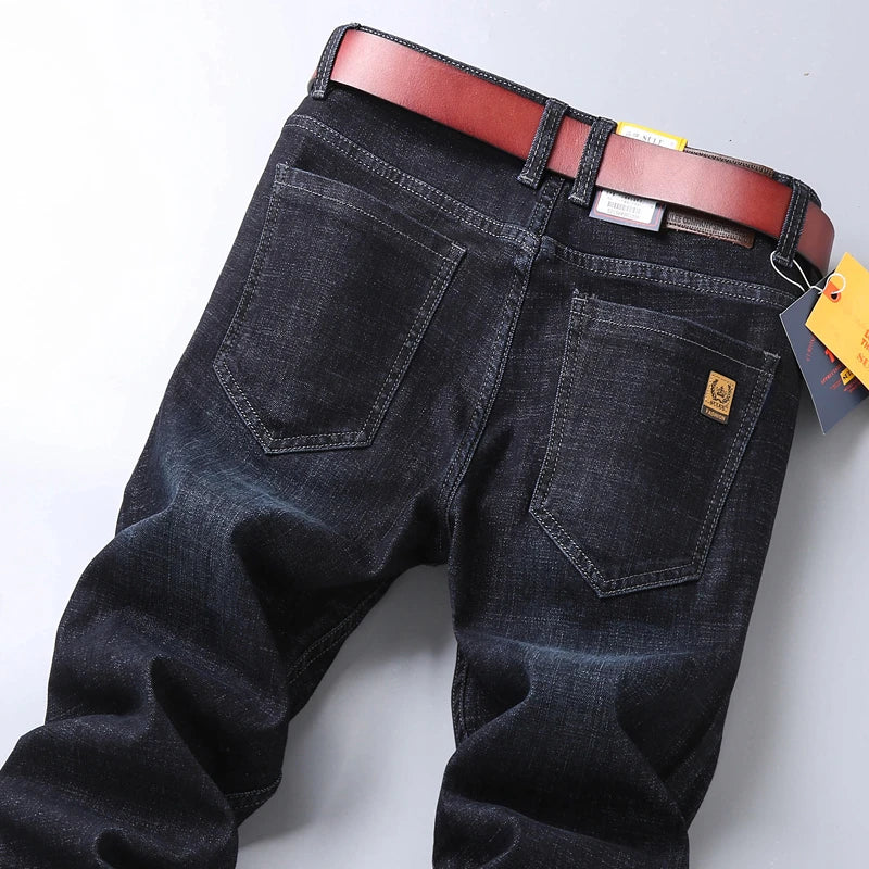 New High Quality Jeans Men's Business Casual Straight Denim Pants Stretch Fashion Classic Work Trousers Blue Black Male