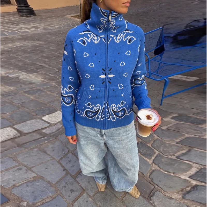 Casual Knit Printed Sweater Women Autumn Winter Loose Stand Collar Long Sleeve Button Knitwear Female 2026 Chic Lady Cardigan