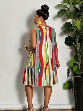Plus-size Ruffle Mini Dress Colorblock Stripe Sleeveless Casual Beach Dresses