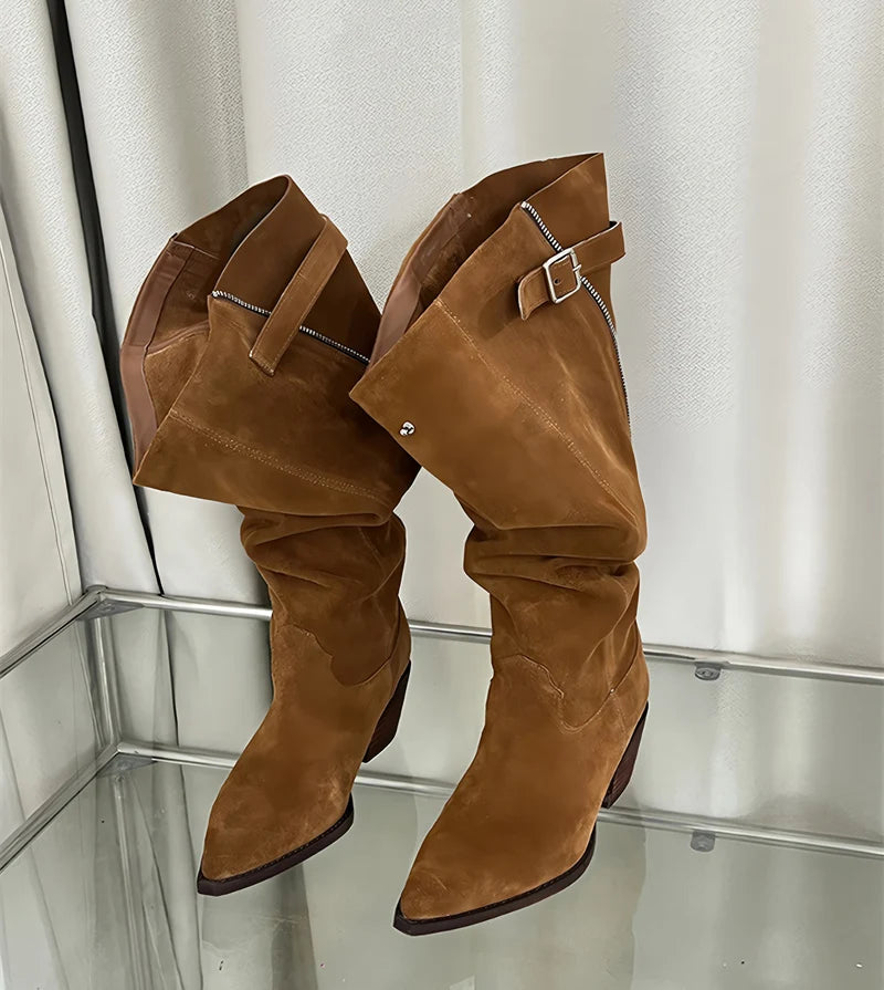 Women's Faux Suede Knee-High Boots with Buckle Detail