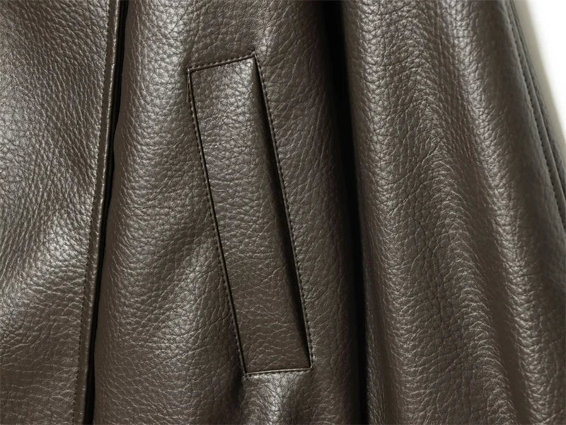 Women's Jacket Pebble Faux Leather Full-Sleeve Moto-Style Zipper Casual Coat