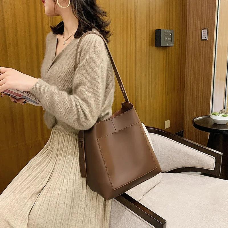 Large Shoulder Bags Leather Women with Interior Zipper Purse Outer Pocket Handbag