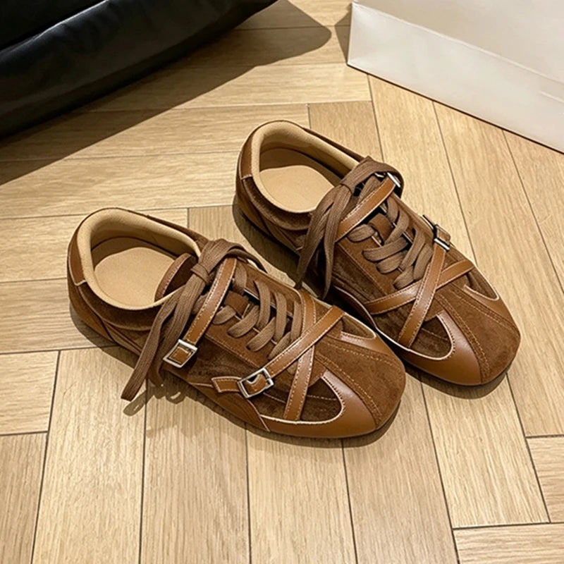 Women Retro Cross Buckle Sneakers - Cow Suede Casual Walking Shoes