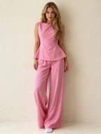 2026 Women Casual Set Elegant Back Tie Sleeveless Peplum Top + Wide Leg Pants 2 Pieces