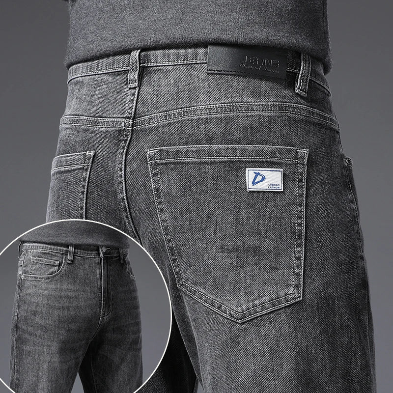 Men's Soft Stretch Straight Jeans Business Casual Slim Fit Wash Denim Pants Korean Fashion Blue Gray Male Brand Trousers