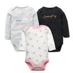 Three-pack set of long sleeve bodysuits in grey, black, and white with rabbit, polka dot, and unicorn prints