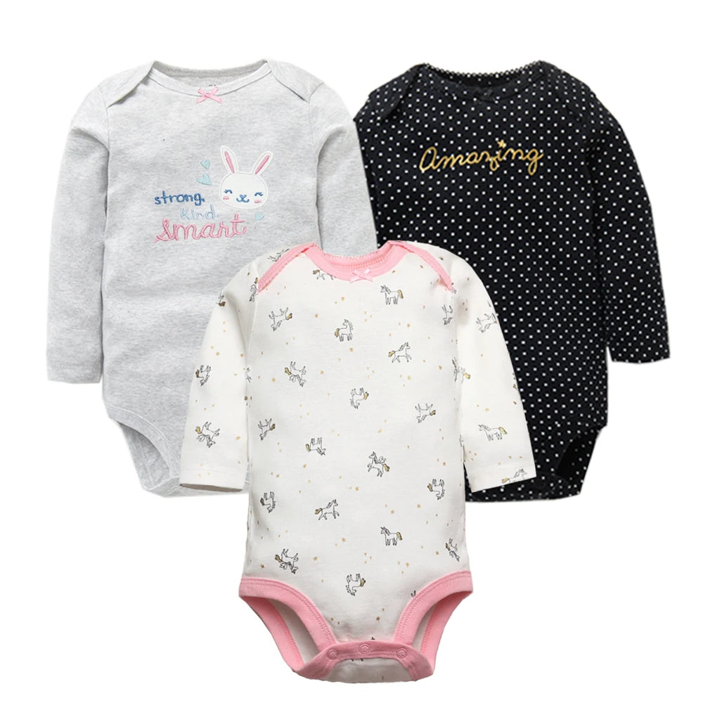 Three-pack set of long sleeve bodysuits in grey, black, and white with rabbit, polka dot, and unicorn prints