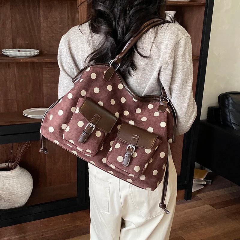 Women's Tote Bag Vintage Dot-Pattern Faux PU Leather Zipper Shoulder Bag with Phone Pocket