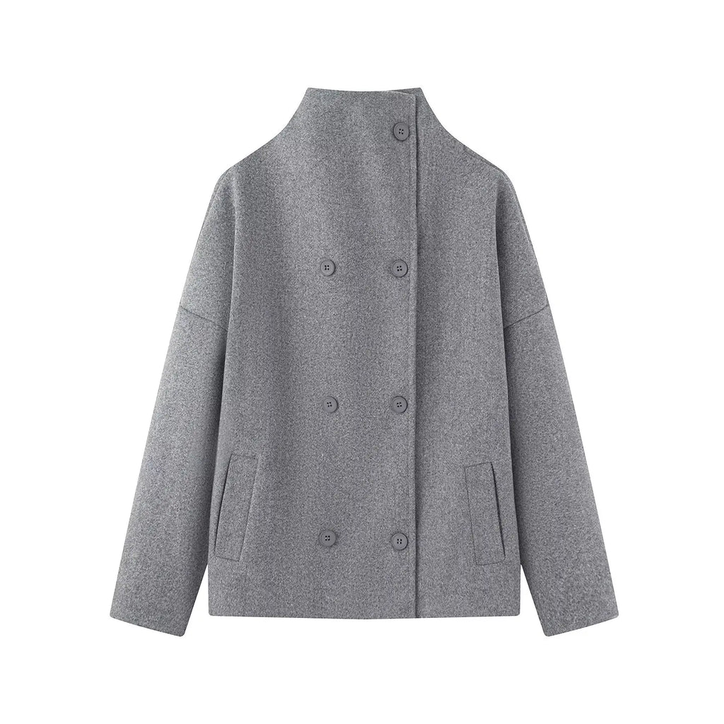 Women's High-Neck Double-Breasted Jacket with Pockets
