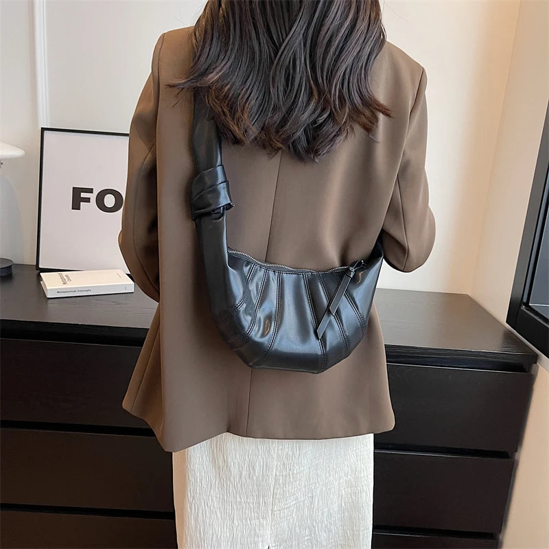 Large Splicing Leather Crossbody Bags Women Zipper Crescent Shoulder Bags