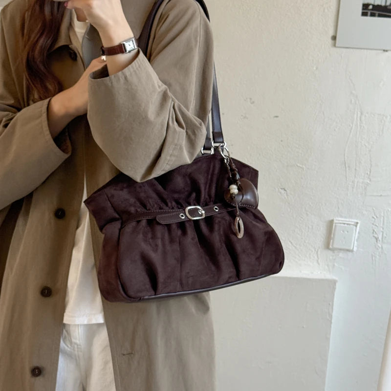 Women's Shoulder Bag Vintage Ruched PU Leather Zipper Tote Bag with Phone Pocket & Charm