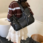 Women's PU Leather Hobo Shoulder Bag - Silver Stud Rivet Detail, Adjustable Strap