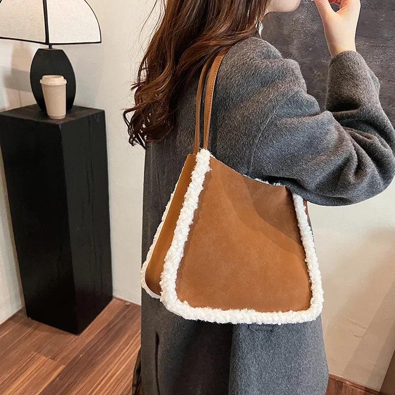 Small Faux Suede Plush Shoulder Bags Open Square Soft Fur Trim Double Handles