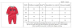 Size chart thumbnail showing red striped romper measurements for 3M to 12M in centimeters
