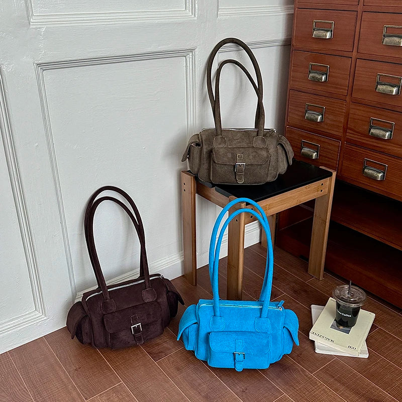 Women's Shoulder Bag Vintage Faux-Suede Baguette Zipper Underarm Bag with Phone Pocket