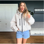 Polka Dot Hooded Women's Jacket Chic Turtleneck Zipper Long Sleeve Pockets Thin Coat 2026 Autumn Outerwear