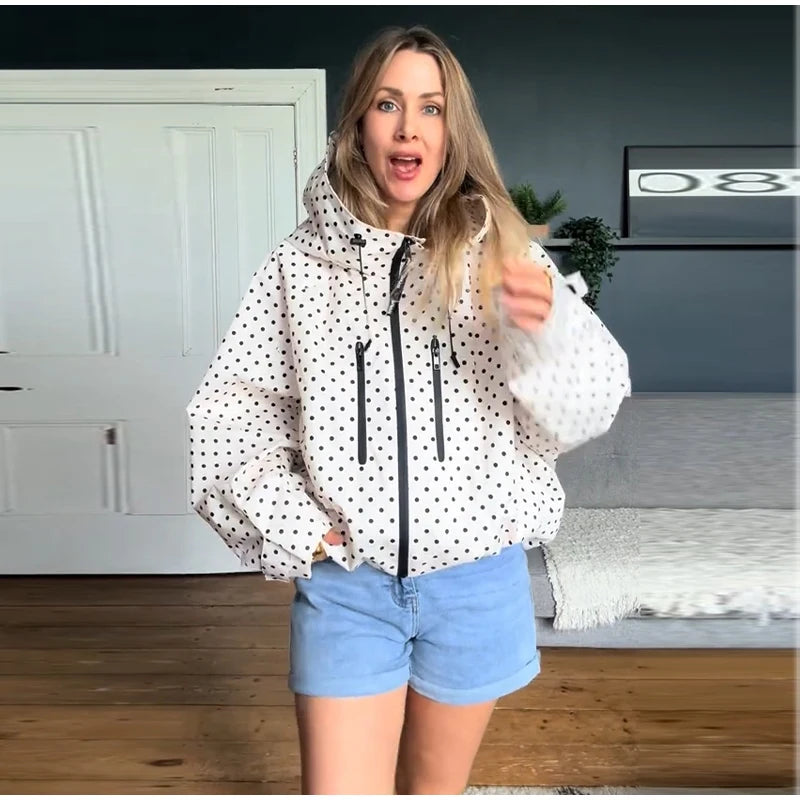Polka Dot Hooded Women's Jacket Chic Turtleneck Zipper Long Sleeve Pockets Thin Coat 2026 Autumn Outerwear