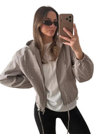 Women's Jacket Plaid Hooded Full-Zip Loose Turn-Down Collar Full-Sleeve Varsity Bomber Coat