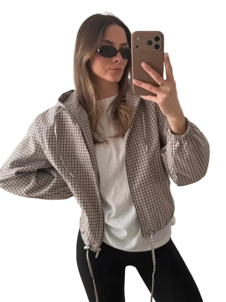 Women's Jacket Plaid Hooded Full-Zip Loose Turn-Down Collar Full-Sleeve Varsity Bomber Coat