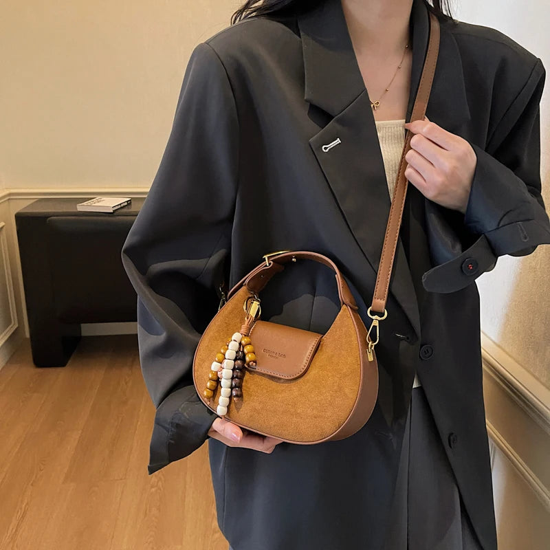 Women's Retro PU Leather Small Saddle Bag – Crossbody Shoulder Handbag with Pendant