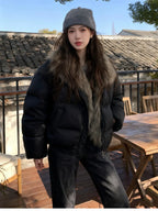 Women's Cropped Puffer Jacket with Faux Fur Collar