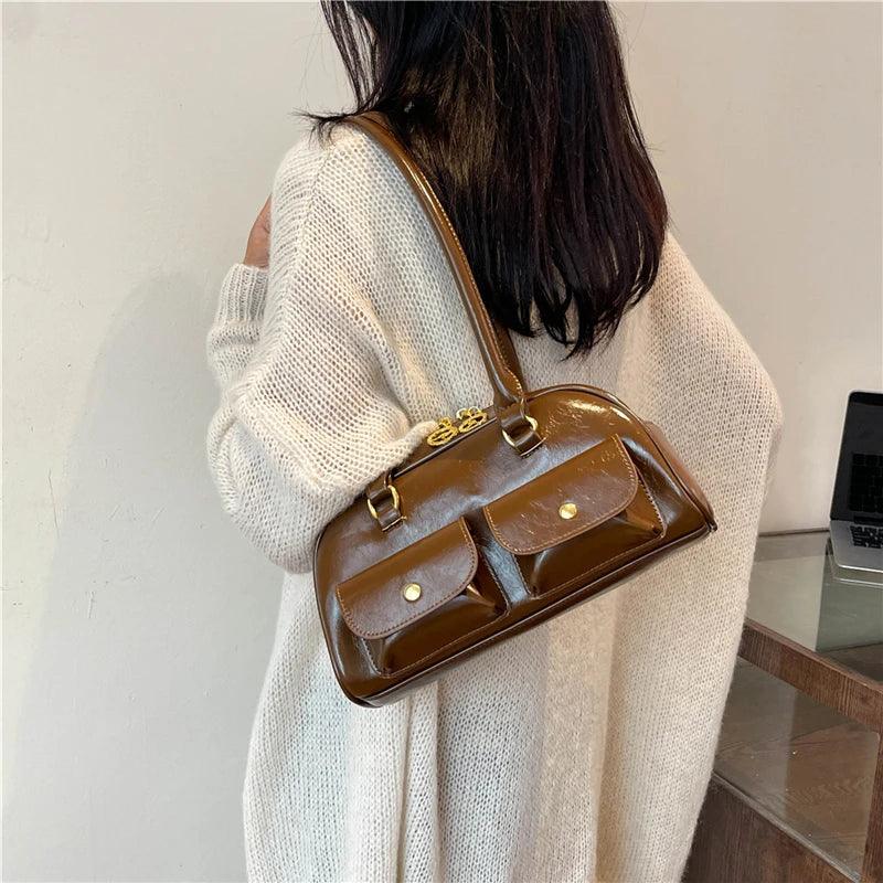 Double Snap Pockets Retro Leather Shoulder Bags Women Zipper Tote Handbags