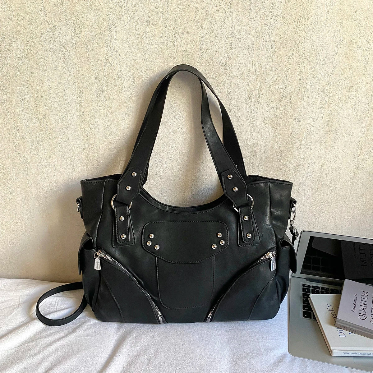 Women's PU Leather Hobo Shoulder Bag - Silver Stud Rivet Detail, Adjustable Strap