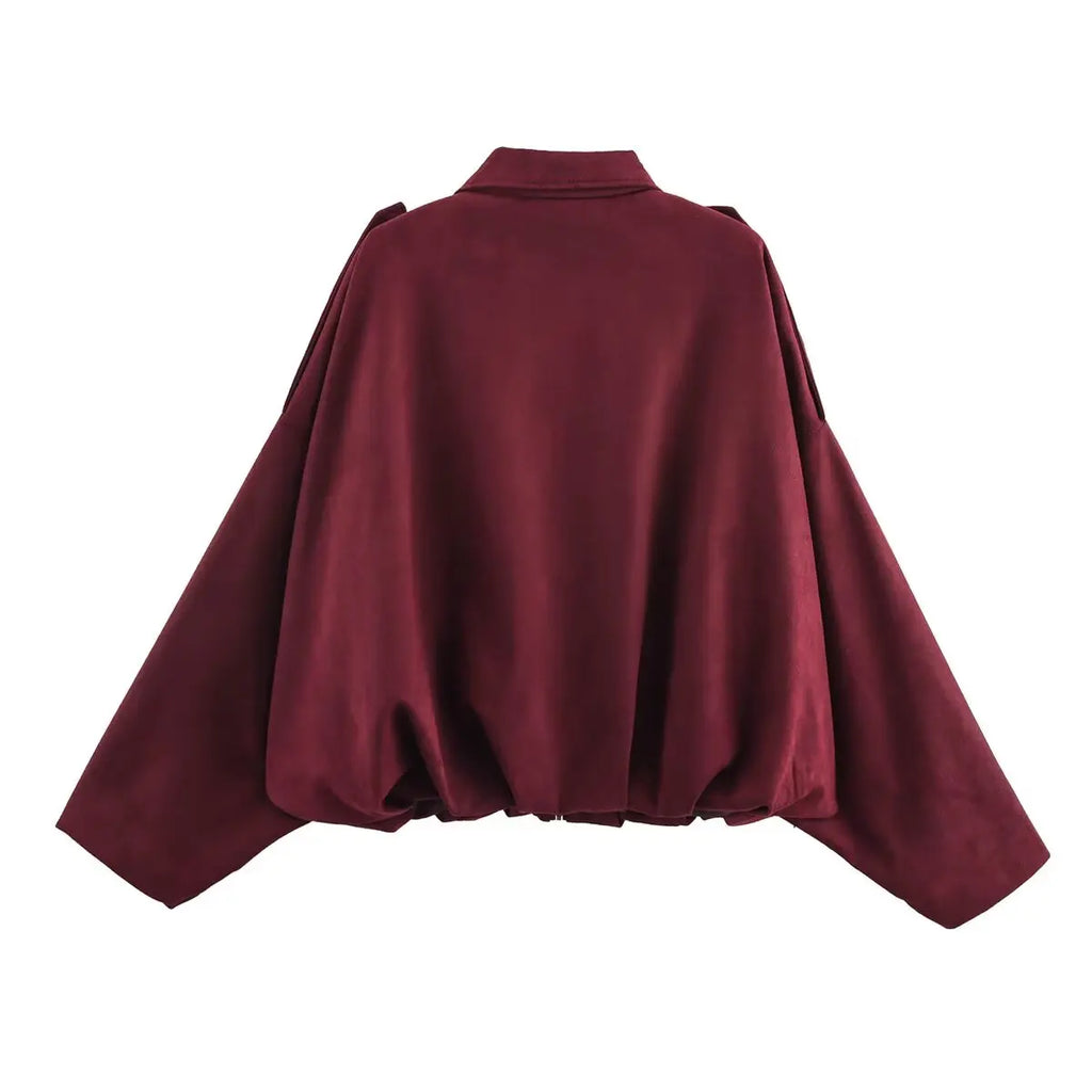 Women's Suede Textured Bomber Jacket Long Sleeve Lapel Collar Loose Coats Casual Outerwear
