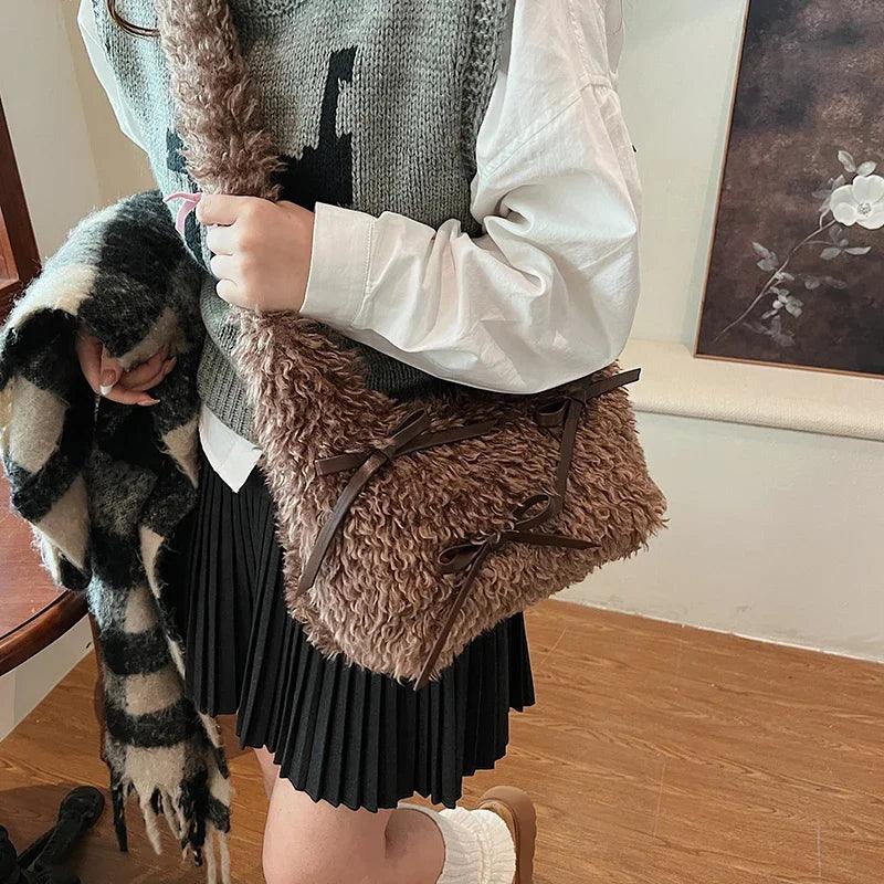 Faux Fur Shoulder Bags Women Bow Brushed Zipper Fuzzy Soft Handbags Medium Purse