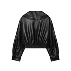 Women's Jacket Vintage Solid Faux Leather Belted Turn-Down Collar Full-Sleeve Short Loose Thick Outerwear Coat