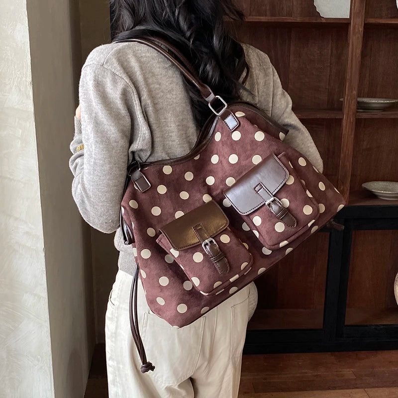 Women's Tote Bag Vintage Dot-Pattern Faux PU Leather Zipper Shoulder Bag with Phone Pocket