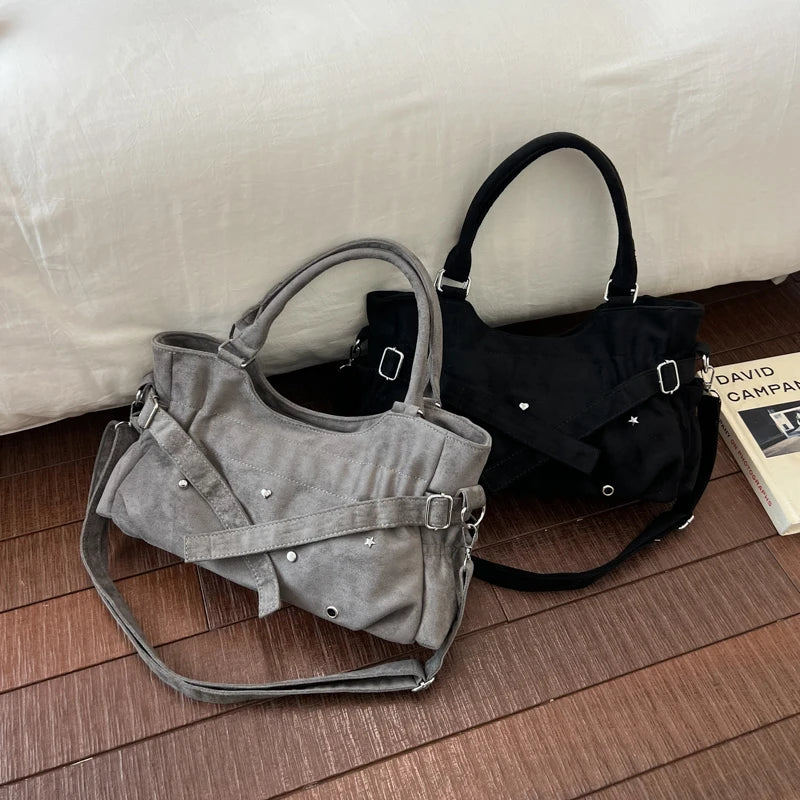 PU Leather Vintage Tote Bag – Rivet Detail, Adjustable Strap, 37×20×9 cm