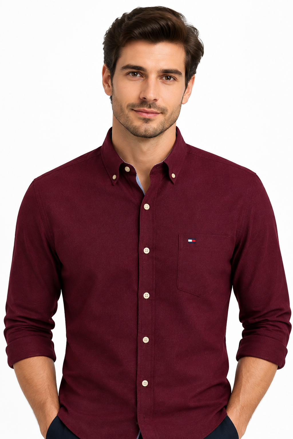 Men's Shirt Solid Oxford Cotton Square Collar Full-Sleeve Single-Breasted Smart Casual Dress Shirt