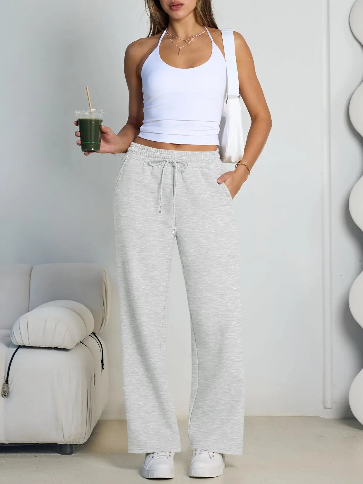 Women's Wide Leg Sweatpants Loose Streetwear Baggy Oversize Gray Sports Pants Drawstring Casual Joggers Trousers