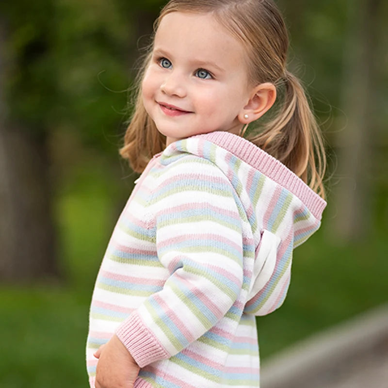 Dave & Bella Girls' Striped Hooded Knit Jacket – Cotton Zip-Up Cardigan for Kids