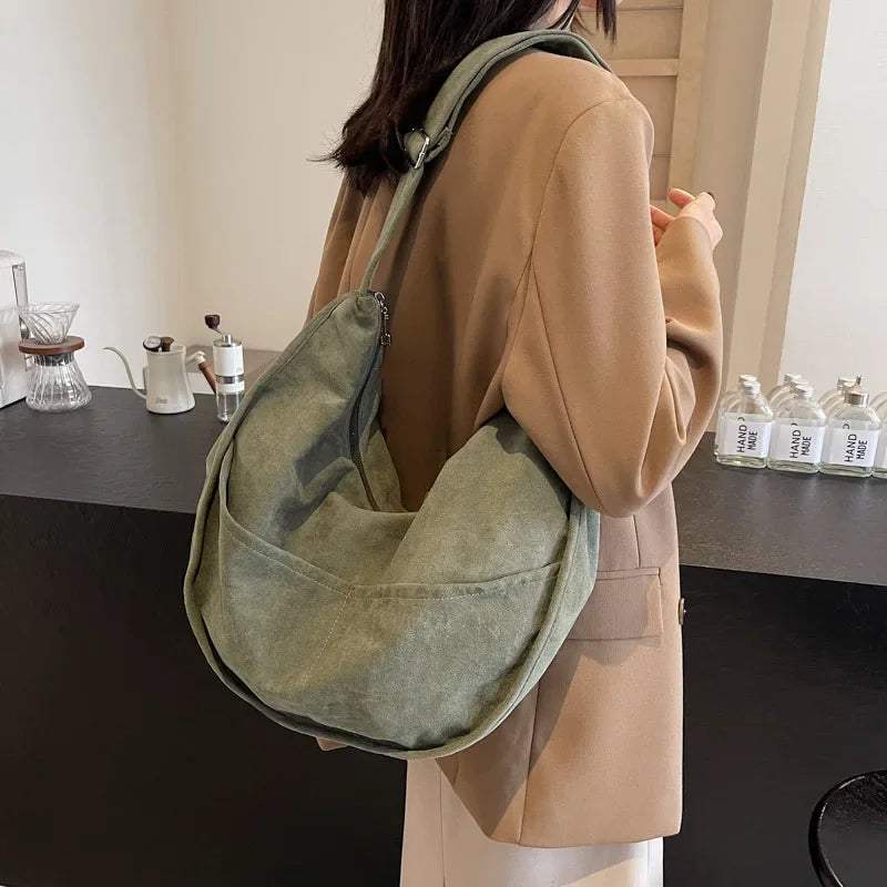 Large Suede Retro Shoulder Bag Women Zipper Soft Outer Pockets Hobo Handbags