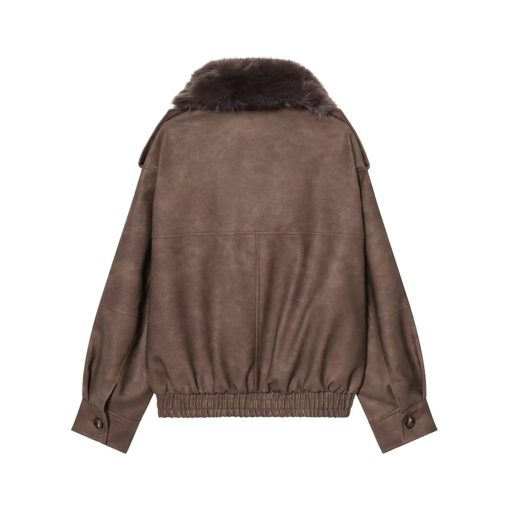 Women's  Faux Fur Collared Zip-Up Jacket with Pockets