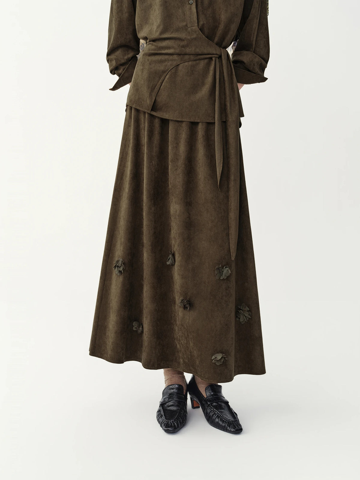 Women's Faux Suede Tie-Waist Shirt & A-Line Skirt Two-Piece Set – Retro Office