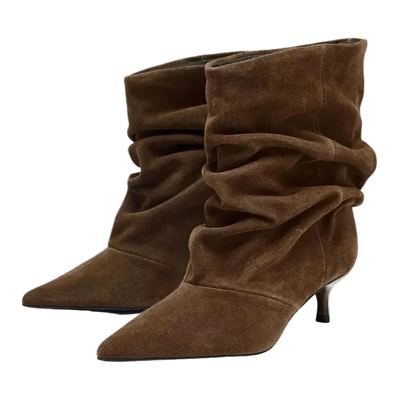Women's Brown Faux Suede Ruched Kitten Heel Ankle Boots