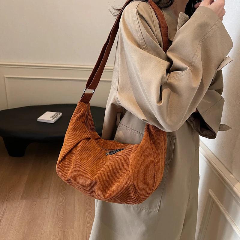 Large Corduroy Soft Fabric Shoulder Bags Women Zipper Solid Hobo Handbags