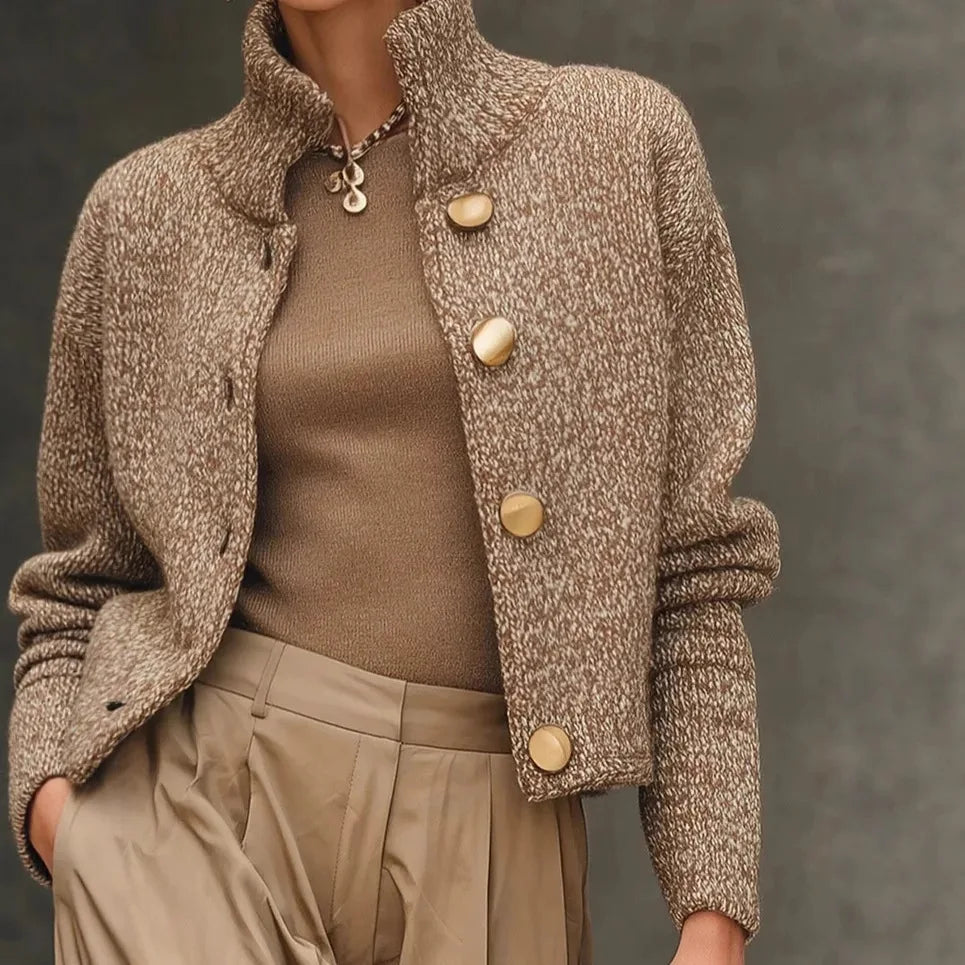 Fashion High Neck Button Knit Cardigan Jacket Women Autumn Winter Long Sleeve Casual Sweater