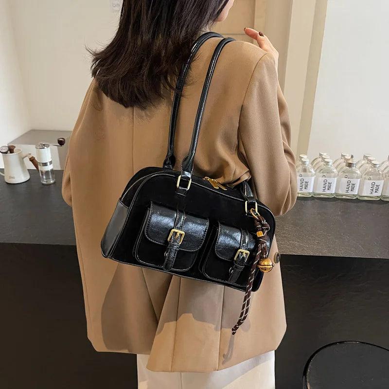 Medium Tote Bag Suede Patch Leather Double Buckle Outer Pockets with Accessories