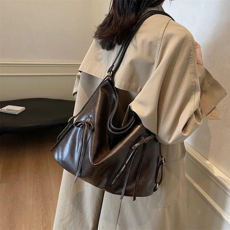 Large Leather Shoulder Bags Bow Zipper Outer Pockets Women Solid Backpacks