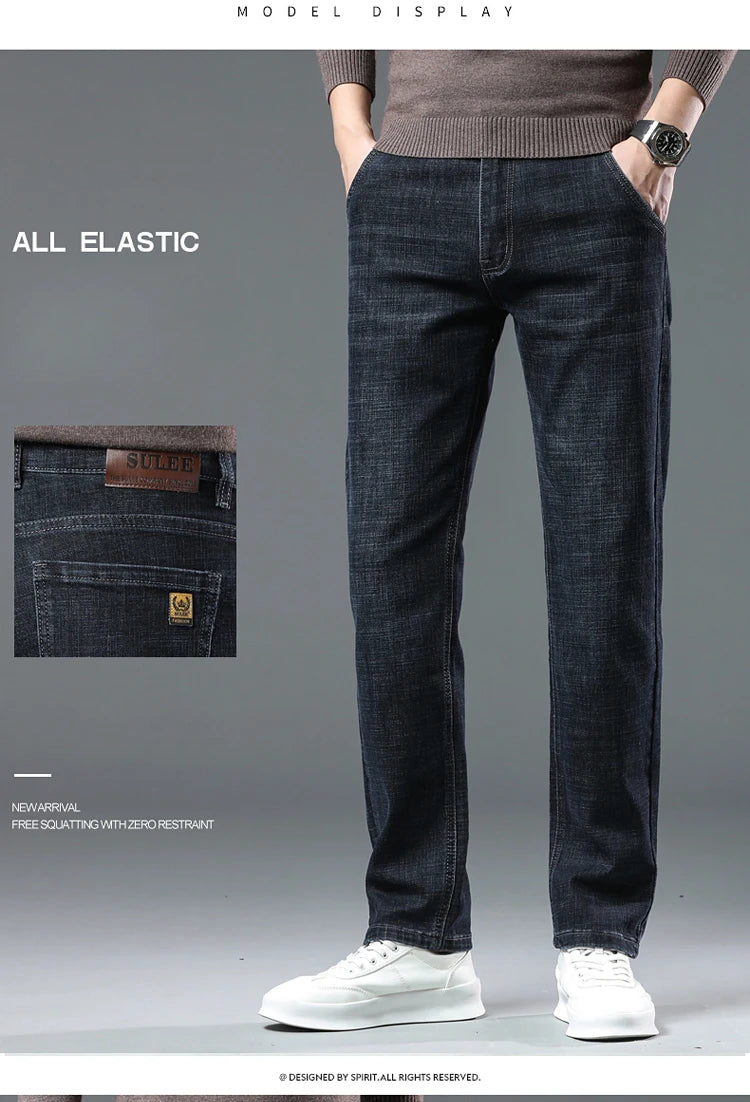 New High Quality Jeans Men's Business Casual Straight Denim Pants Stretch Fashion Classic Work Trousers Blue Black Male