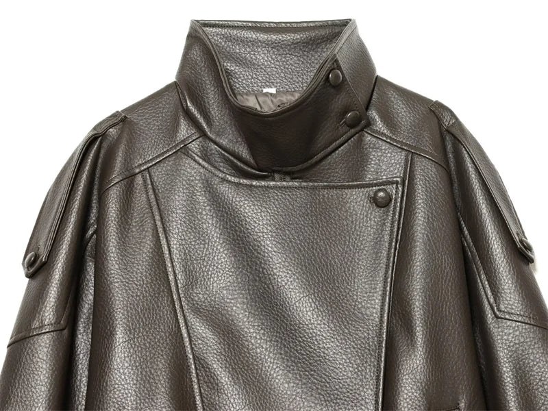 Women's Jacket Pebble Faux Leather Full-Sleeve Moto-Style Zipper Casual Coat