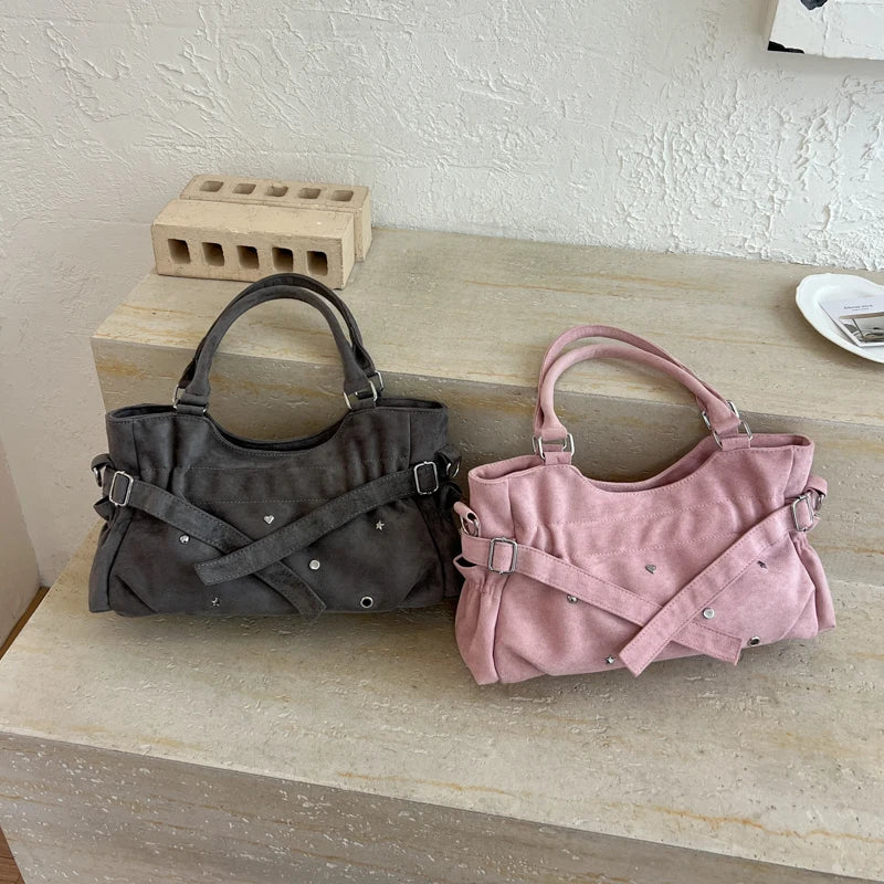 PU Leather Vintage Tote Bag – Rivet Detail, Adjustable Strap, 37×20×9 cm