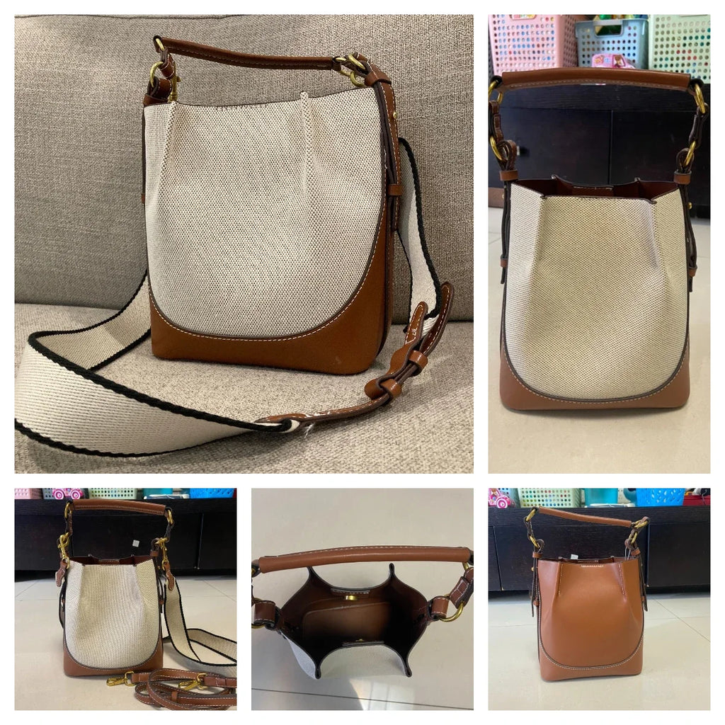 Women's Canvas & PU Leather Bucket Bag with Wide Crossbody Strap