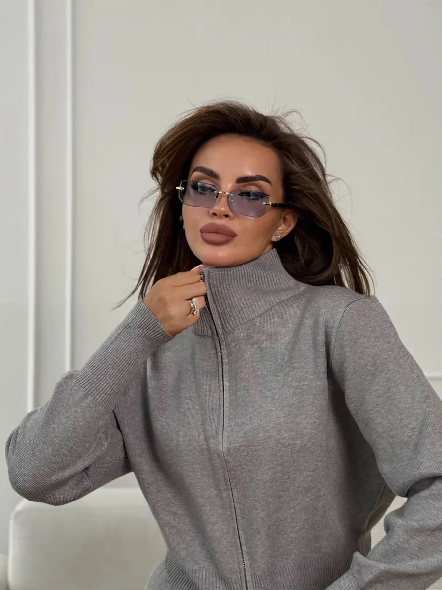 Women's Knit 2-Piece Set Zip-Up Stand Collar Cardigan Wide-Leg Ankle Pants Office Lady Autumn Winter Outfit
