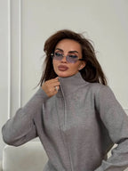 Women's Knit 2-Piece Set Zip-Up Stand Collar Cardigan Wide-Leg Ankle Pants Office Lady Autumn Winter Outfit