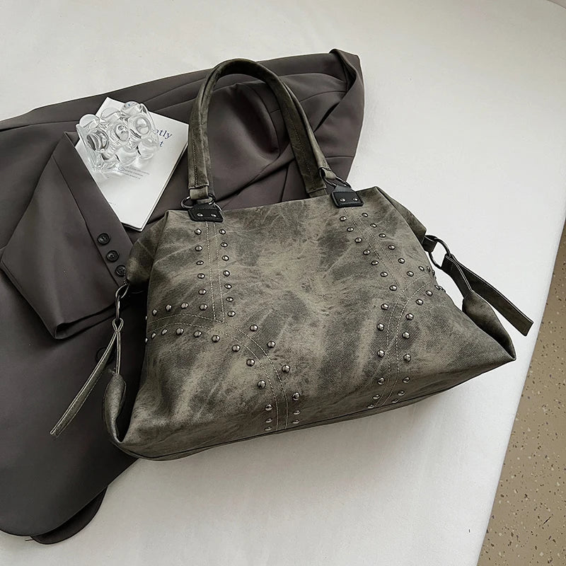 Women's Rivet PU Leather Large Capacity Shoulder Bag – Punk Style Tote Handbag